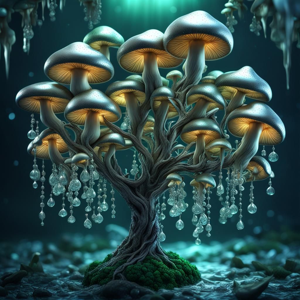 Magical Plant, a tree with having clusters of silver mushroo...