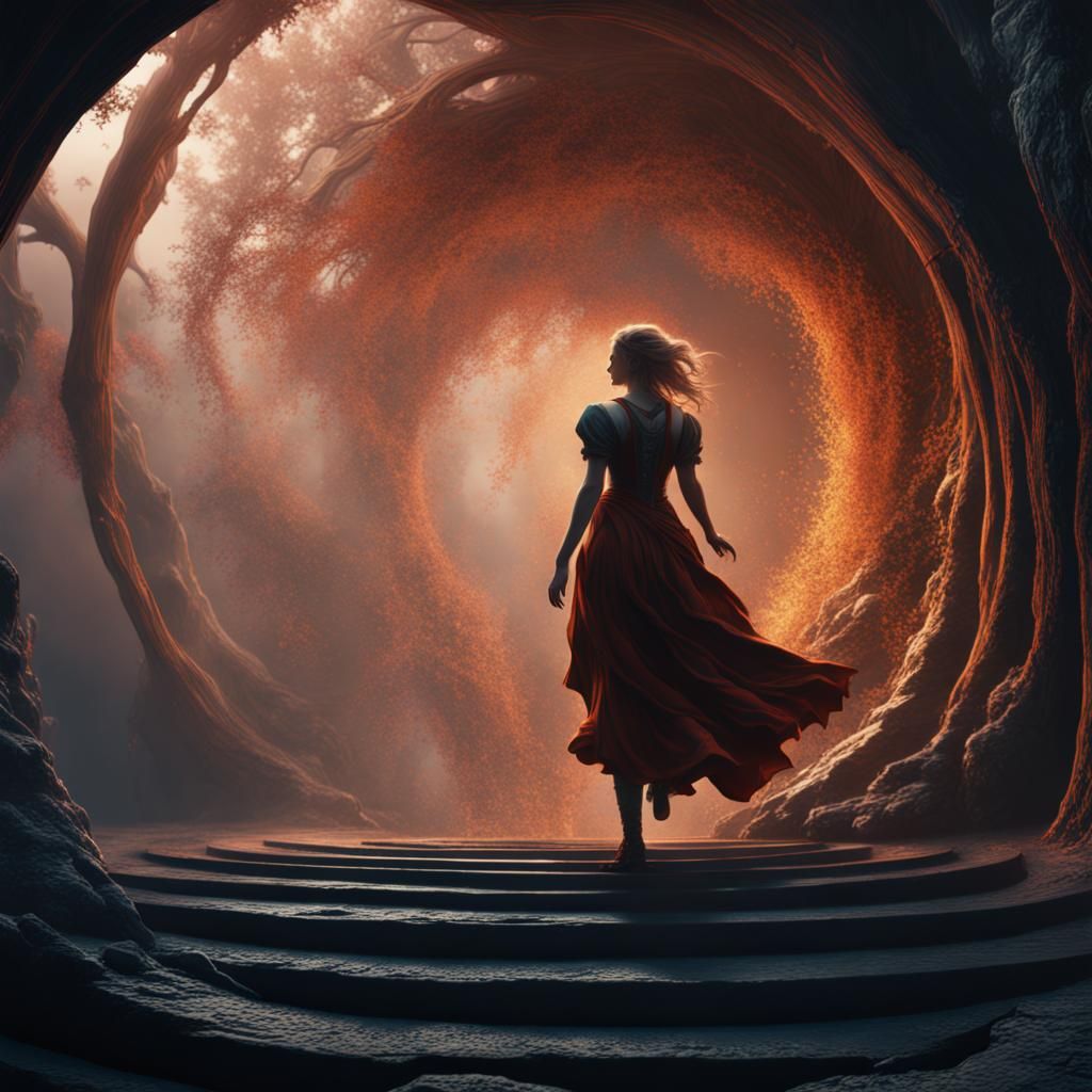 A maiden stepping through a vortex