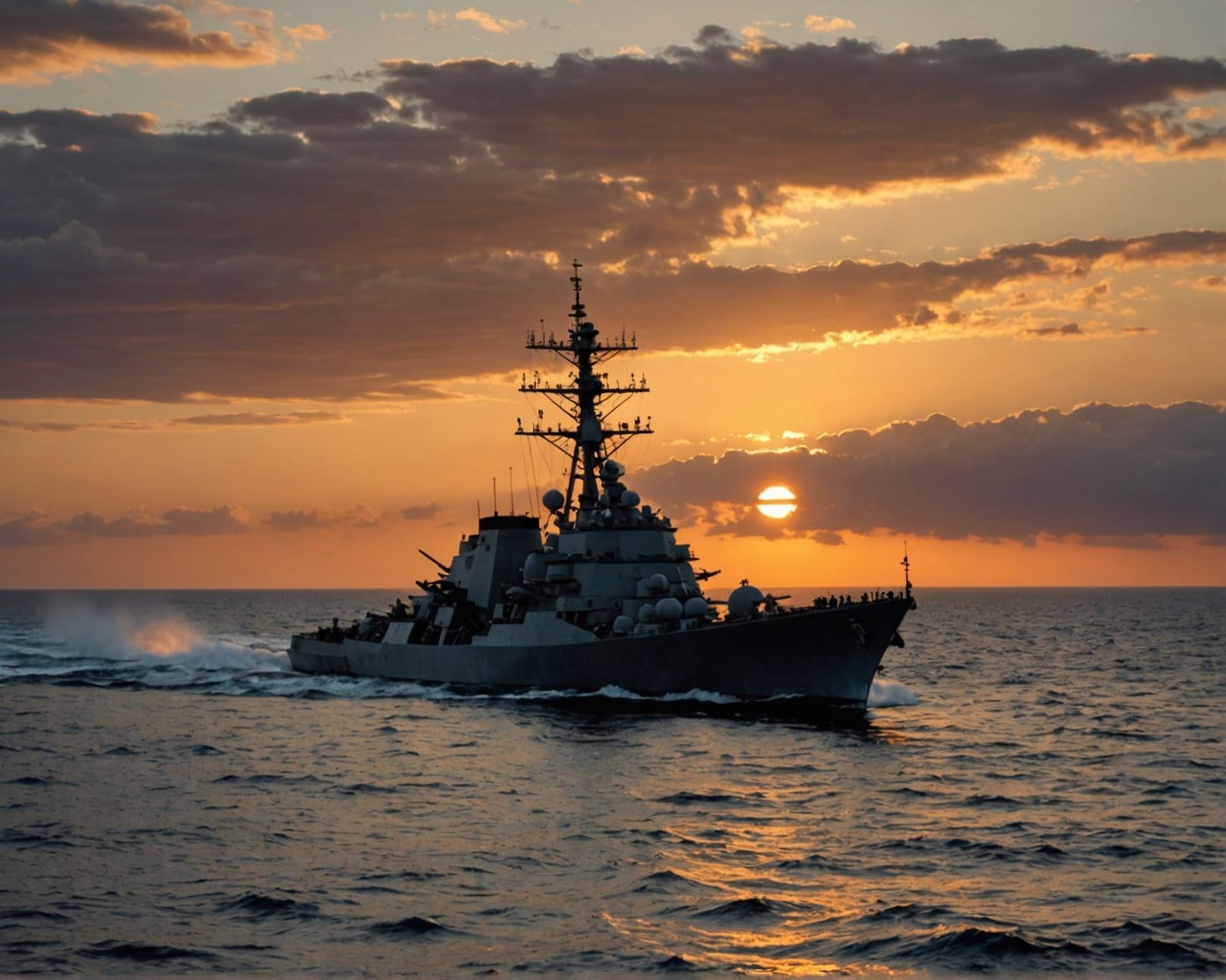 US Navy Destroyer Sailing alone into the sunset 1943
