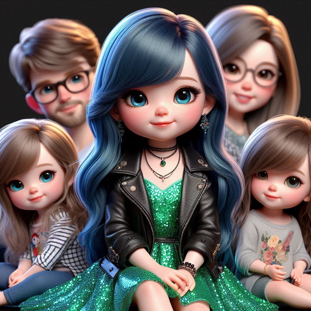 A young girl with wavy blue hair wearing a green sequin dres...