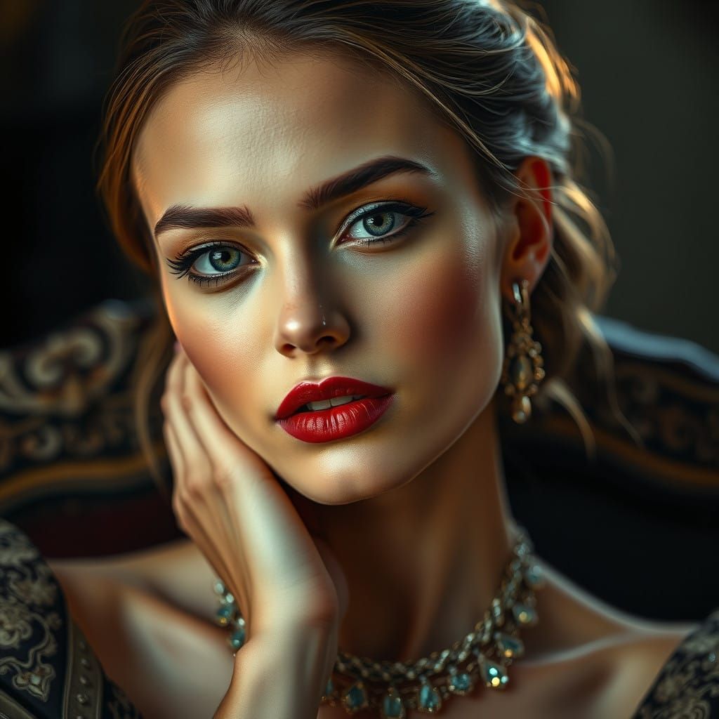 porttait of a gorgeous woman with red lips intricate details, HDR, beautifully shot, hyperrealistic, sharp focus, 64 megapixels, perfect com...
