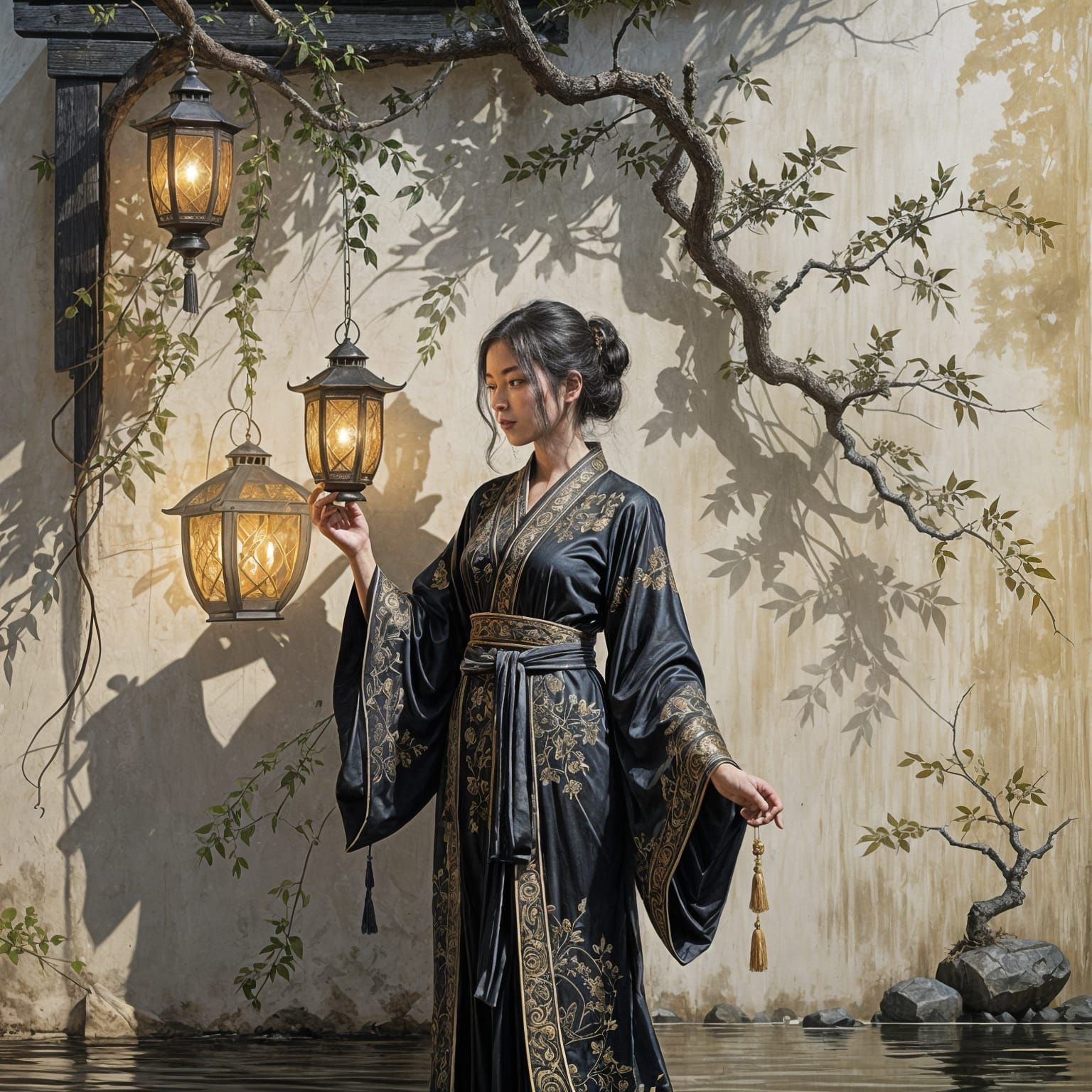 A sheet of sfumato sketches in a black, silver and gold colour scheme. The style is inspired by traditional ...  by @Barabashka