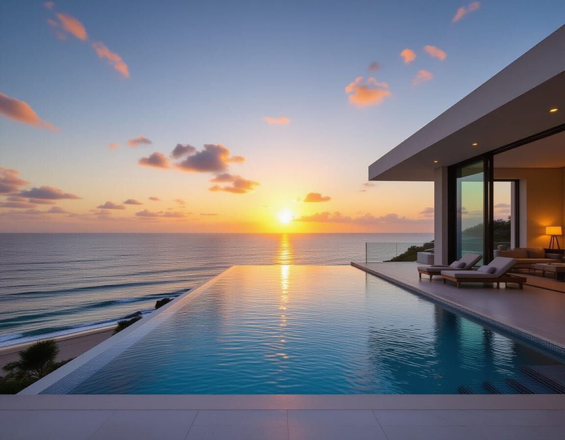 An infinity pool overlooking a vast ocean horizon, glowing with warm sunset colors, gentle waves, elegant ...  by @Justadude