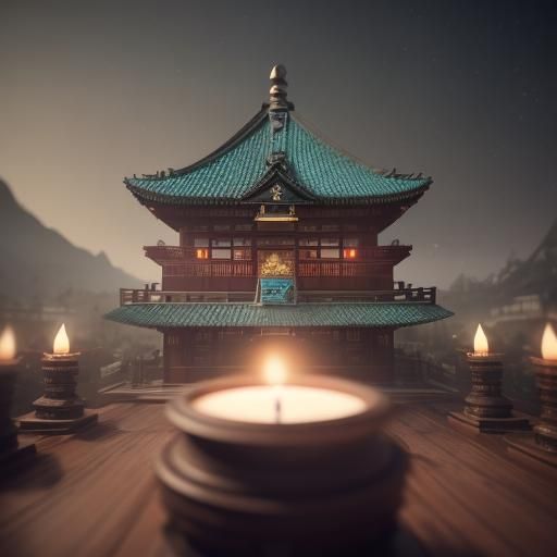 Temple with Turquoise Roof in Matte Painting Style