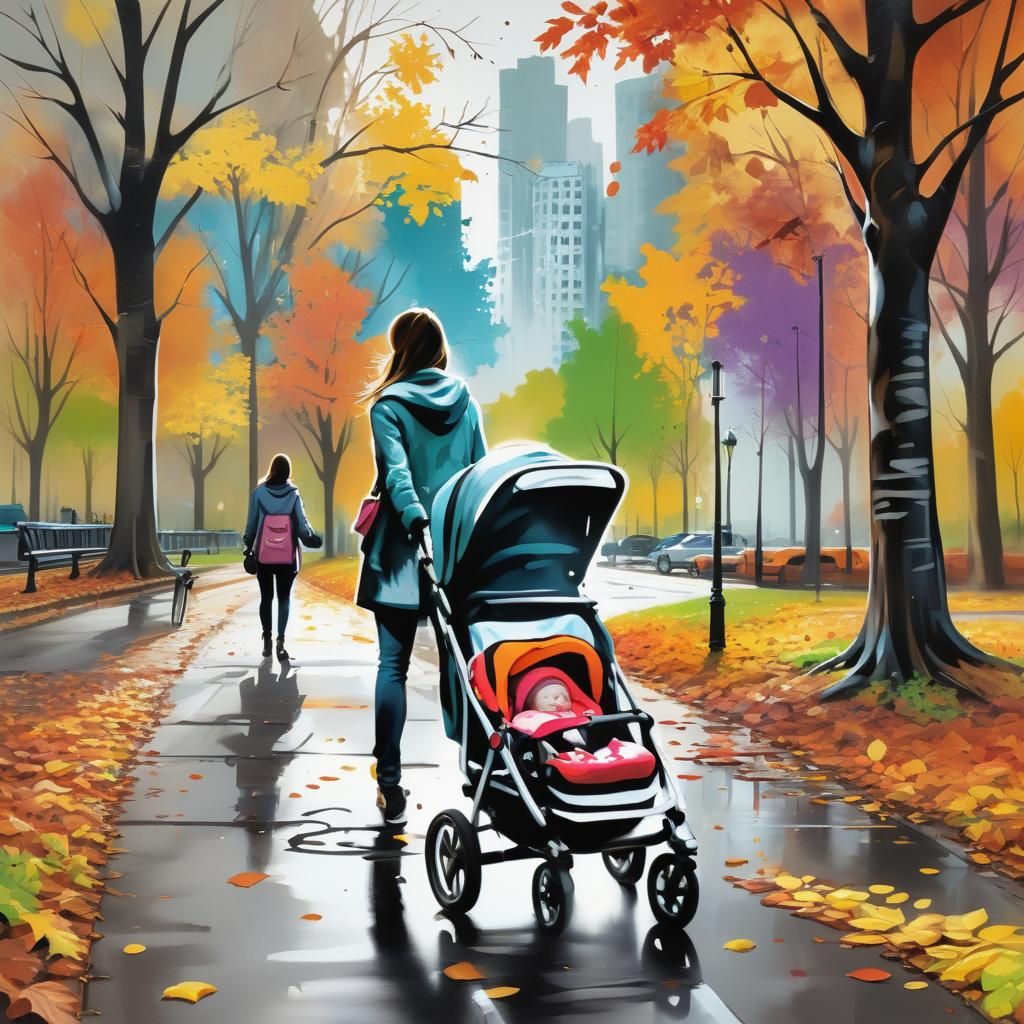 young mother is walking with the baby