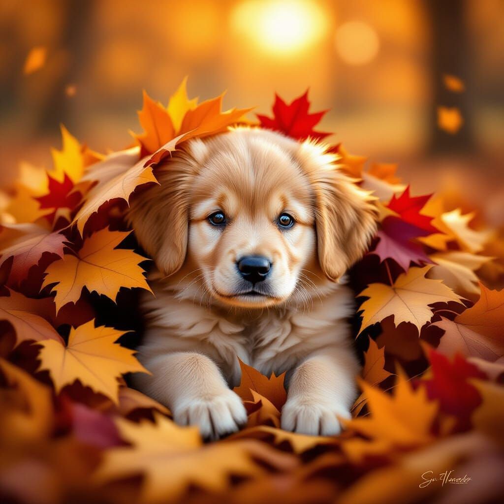 A fluffy pup playing in the leaves