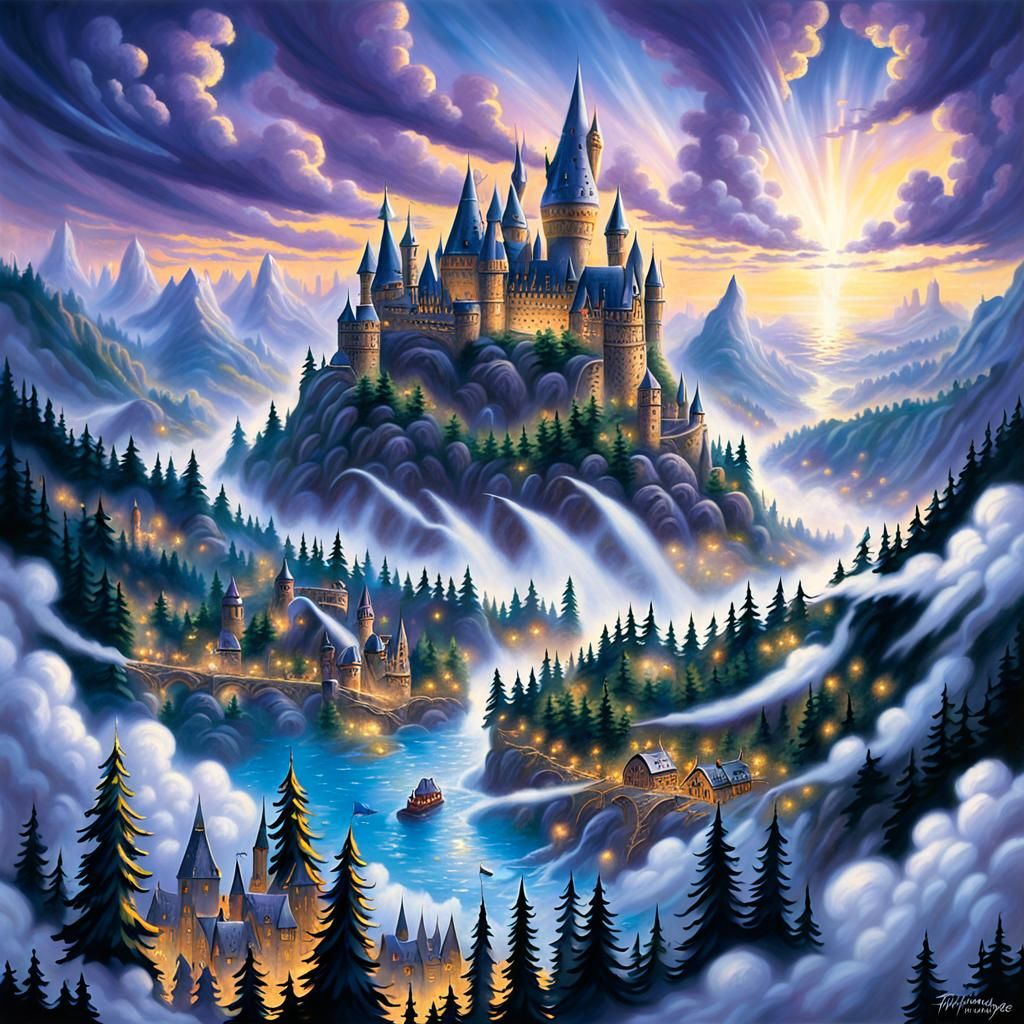 Battle of Hogwarts: Ethereal Fantasy in Kinkade Style
