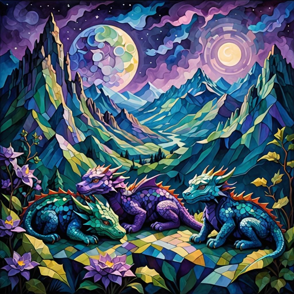 "Fantasy Mountainscape: Three Little Dragons Sleeping peacef...