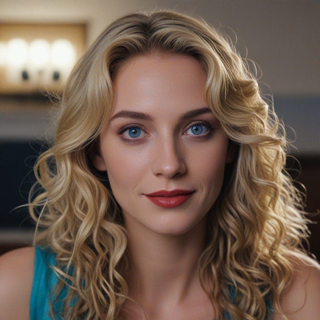 Beautiful very pretty busty blonde pleaidian  35 yo. in long curly blonde hair with blue eyes glance at the viewer, smiling with large puffy...