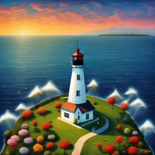 <lora:Surreal Art Brut v2:1.0> lighthouse on an island in middle of wavy ocean