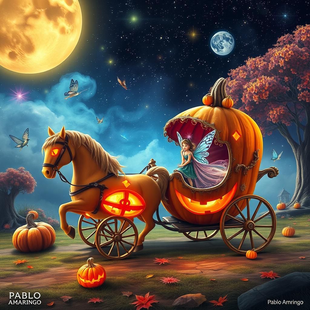 a horse-drawn carriage carved out of a pumpkin in the little...