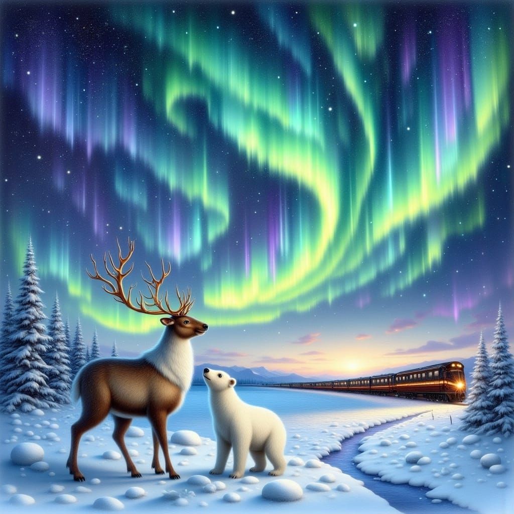 <lora:Winter Feiertage:1.0> Polarexpress, Reindeer and Polarbear, under a polarlights northern lights nightsky 