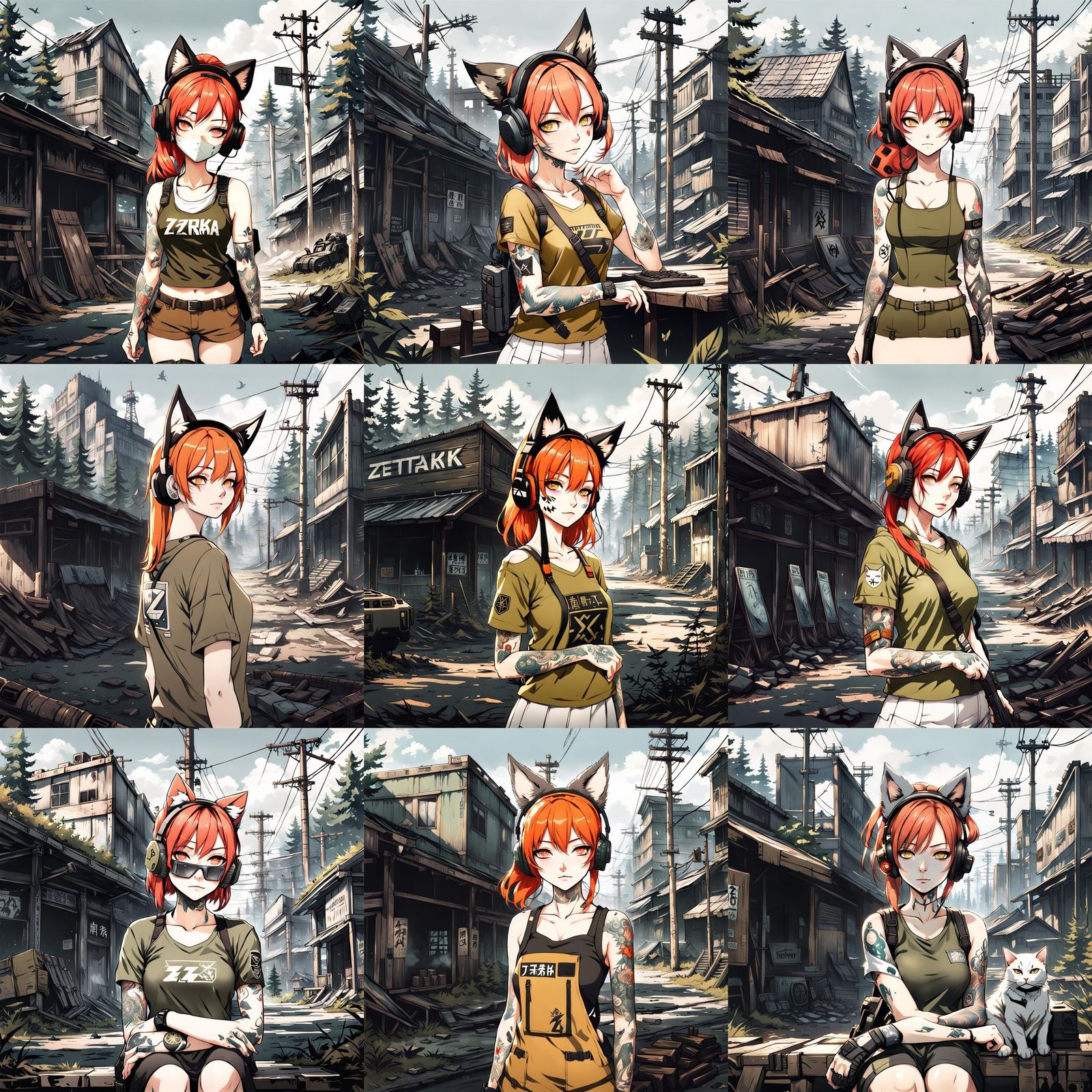 tattooed beautiful young woman with shooting ear protection cat ears