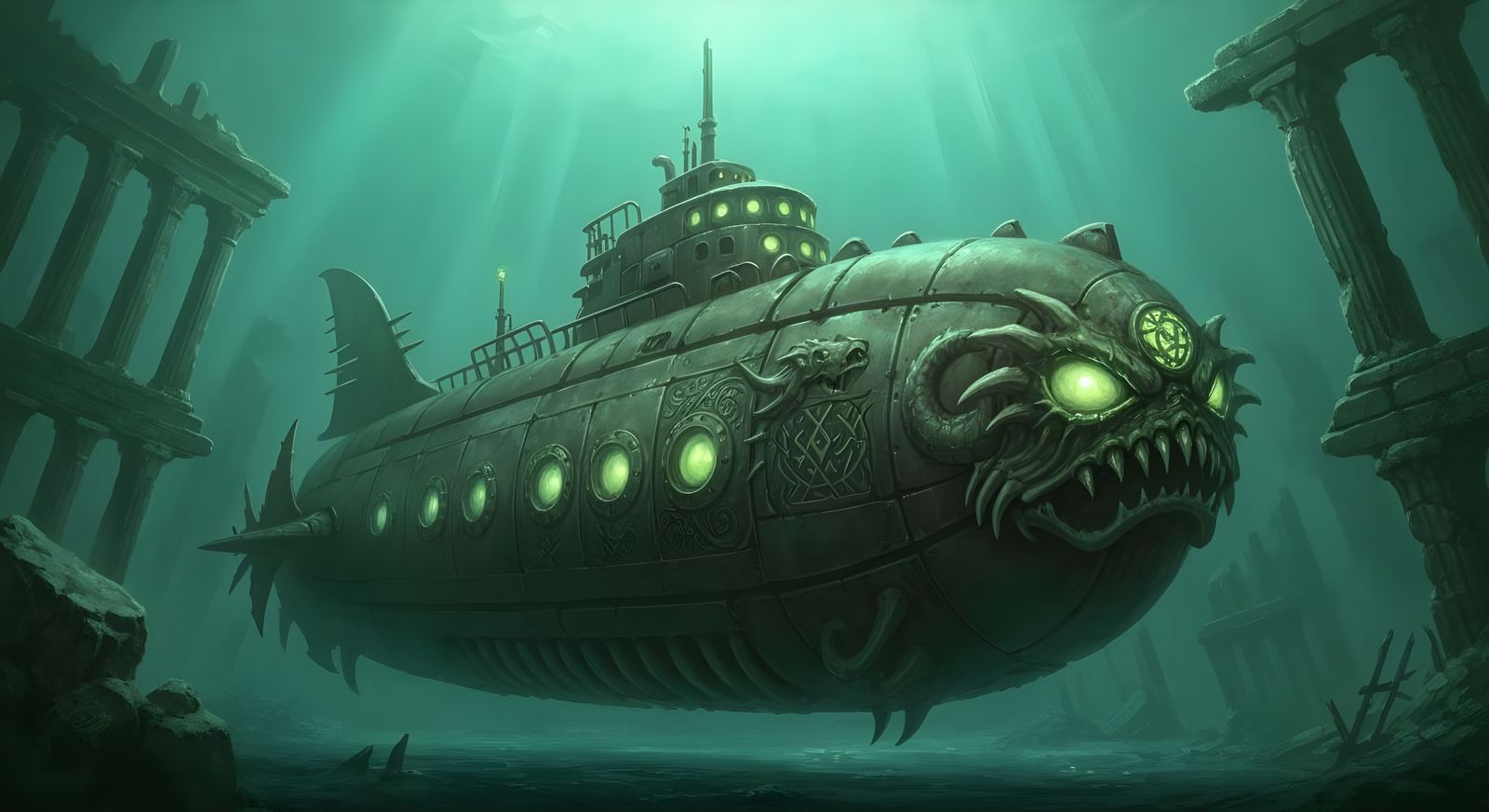 : A gothic submarine made of iron and bone, exploring the ruins of a sunken city. The submarine's portholes ...  by @AshenAlar