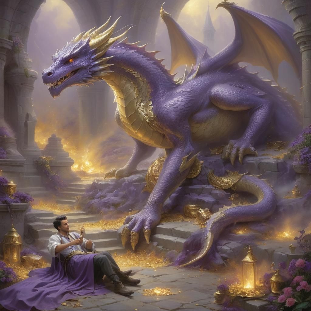 A young young man is a wizard, stroking an elegant purple dr...