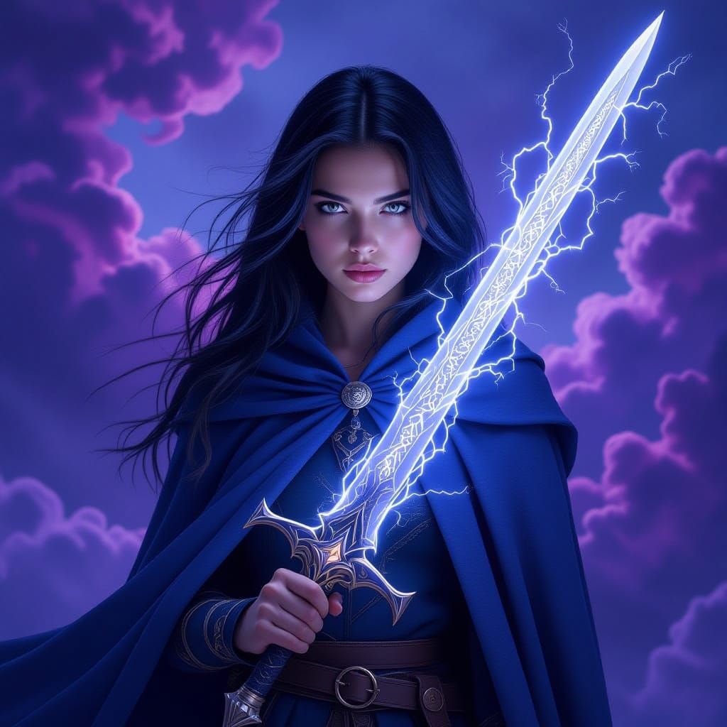 photorealistic image of A young woman, not very pretty or attractive, stands against a backdrop of swirling watercolor textures and dark pur...