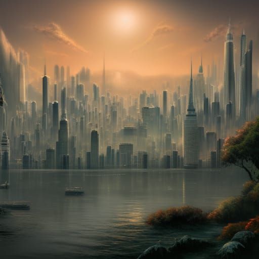 City skyline across the water at dawn