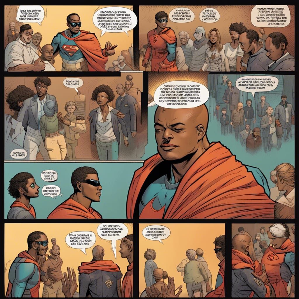 A superhero comic book page of EmpathyMan, whose super strength is to