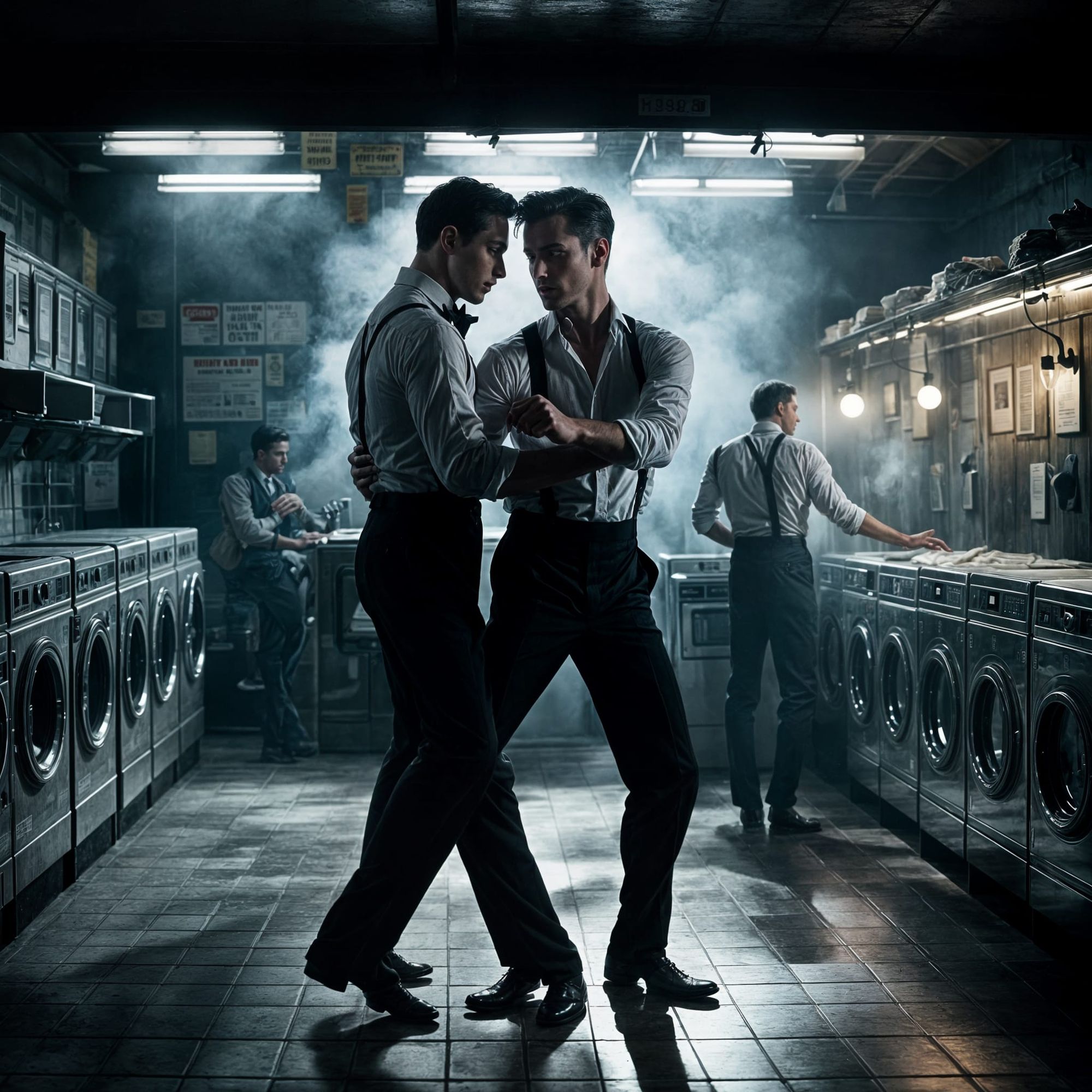 Two handsome young male friends dance the Argentine Tango in a seedy downtown launderette in 1928