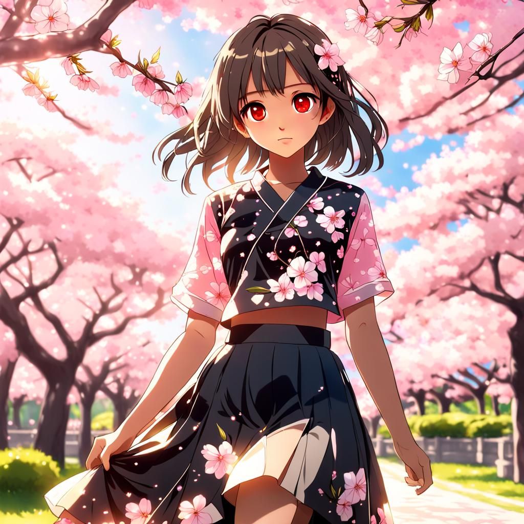 Anime Girl in floral crop blouse- long skirt posed under a pink cherry ...