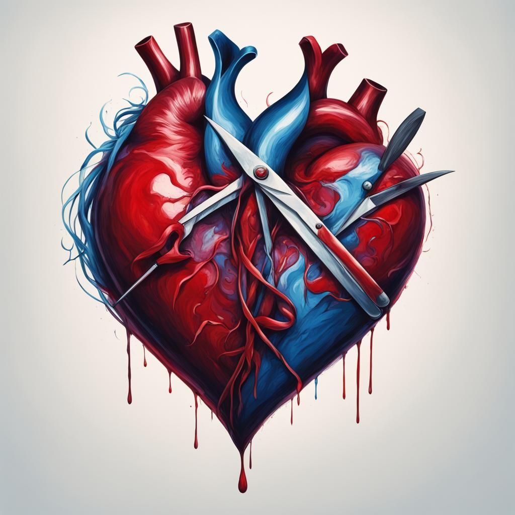 heart with a ribbon pinned on with a needle, dark colours, r...