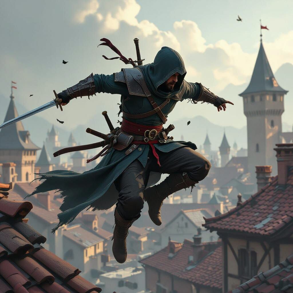 Assassin Leaping Across Rooftops: Concept Art Style