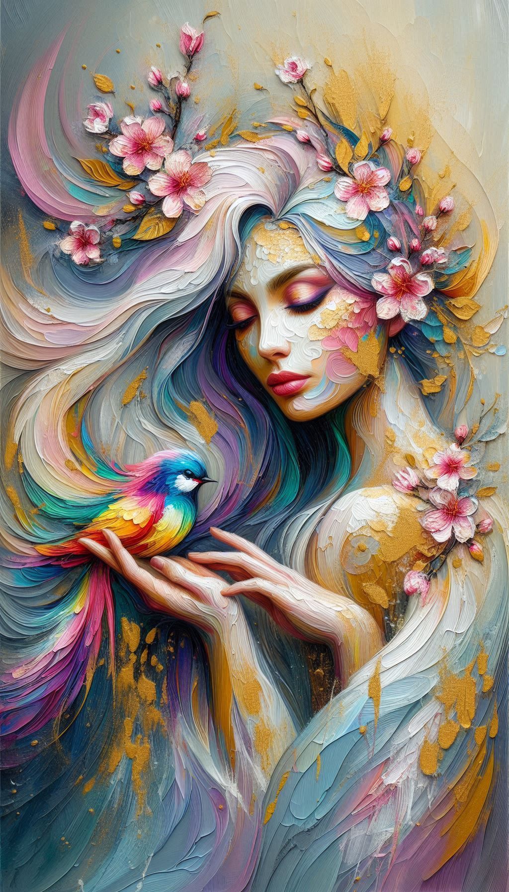 Impasto, woman and her bird