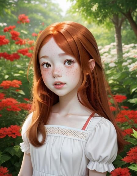 Auburn-Haired Girl Picking Flowers in Anime Style