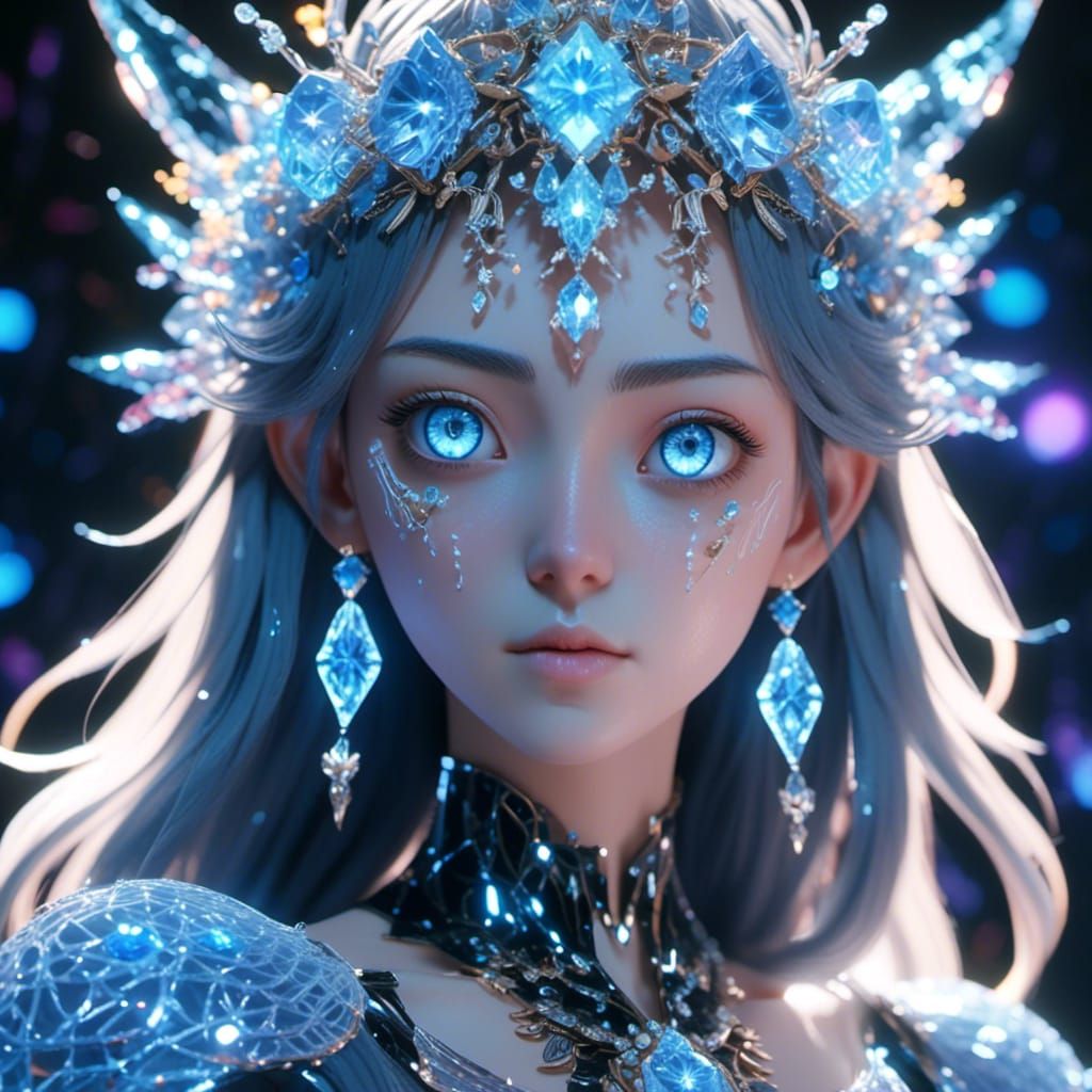 <lora:Yuli Mihag XL:1.0>, crystalline goddess, blue glowing flower eyes, long hair, detailed head and shoulders portrait, detailed intricate...