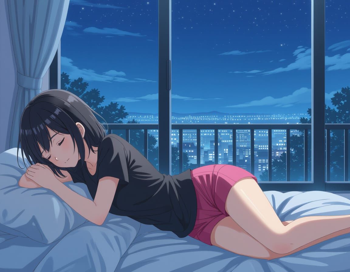 Anime Woman Sleeping Peacefully at Night