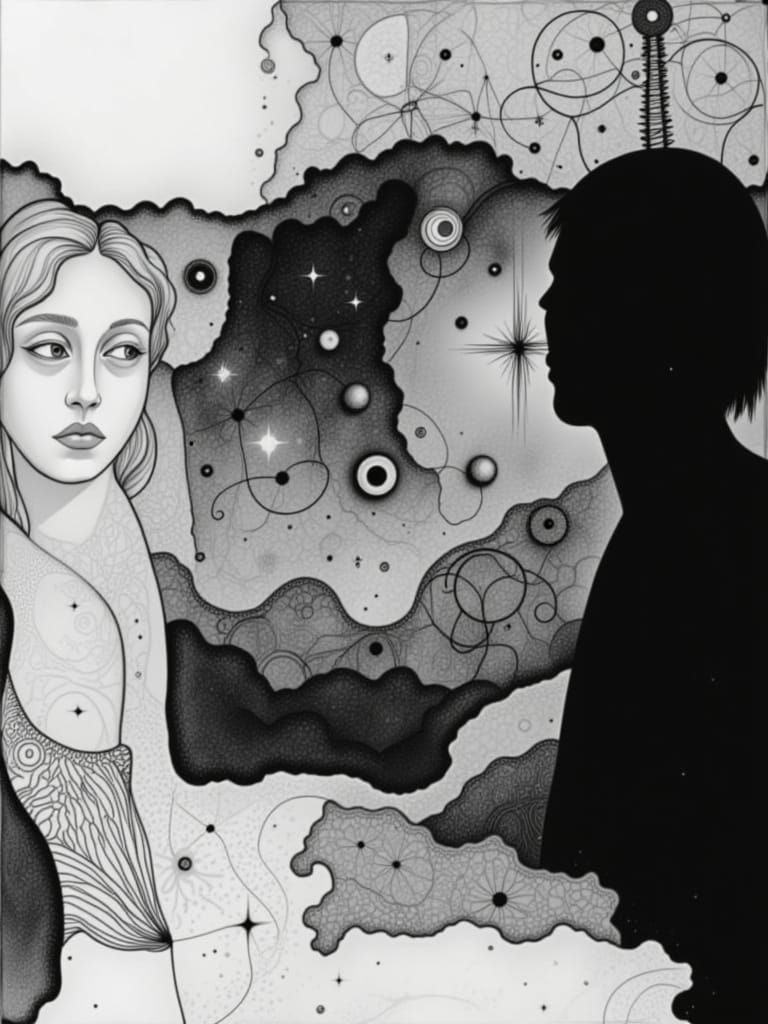 <lora:Graphite:1.0>  black and white human forms  mystical and poetic dreamlike Paul Klee, surreal and celestial, etching & delicate aquatin...