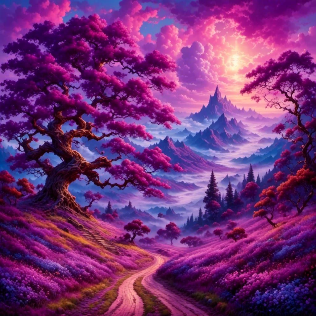 A purple crayon painting a landscape purple turning roads, trees …