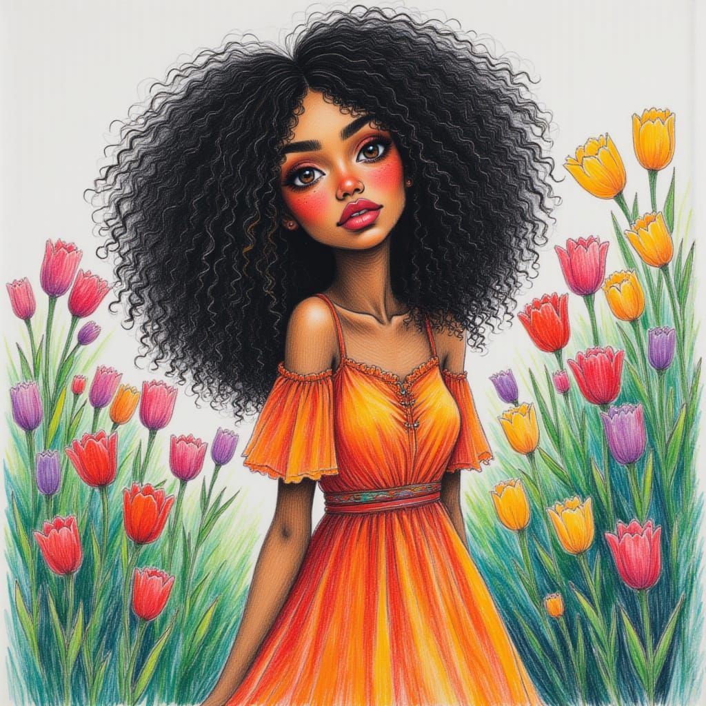 <lora:Art Crayon Drawing:1.0>  beautiful woman, with curly pretty hair, dark eyes, and  dress, in a flowery garden.. ., art style crayon dra...
