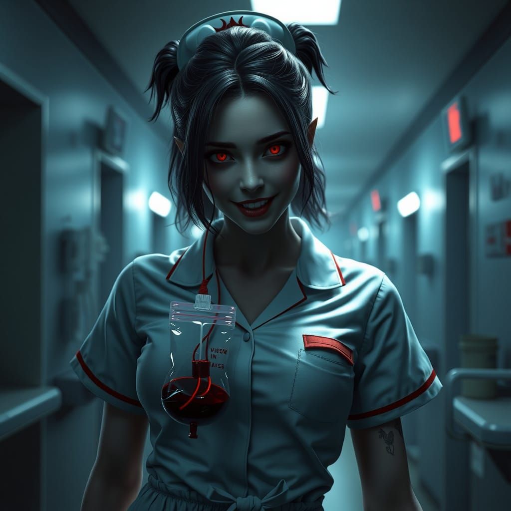 A female vampire with red eyes and fangs. Wearing a nurses uniform and holding a transfusion bag of blood. ...  by @Betty-Mae