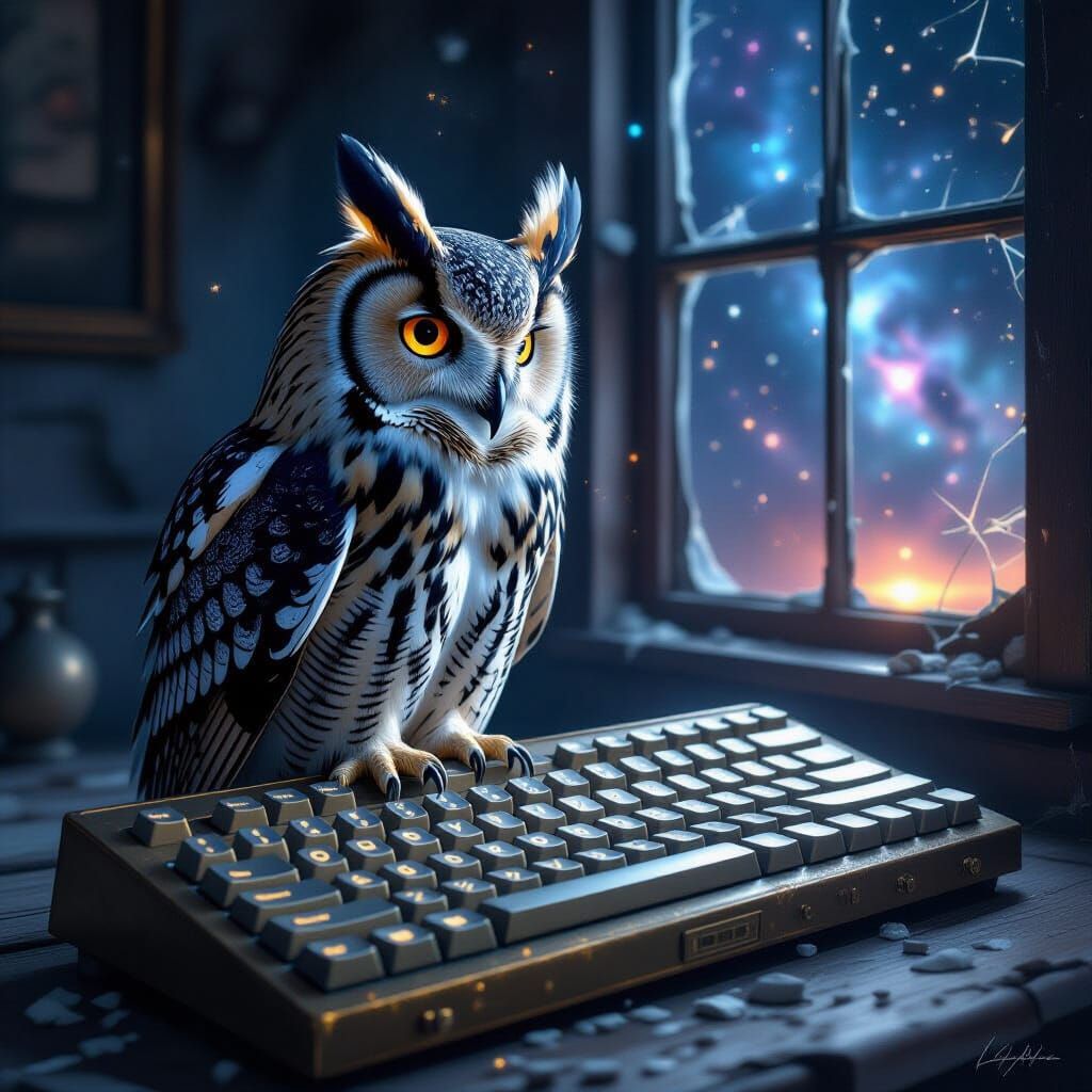A majestic owl with feathers that shimmer like a nebula, perched on a weathered, brass-plated keyboard. The keys glow with soft, cosmic ener...