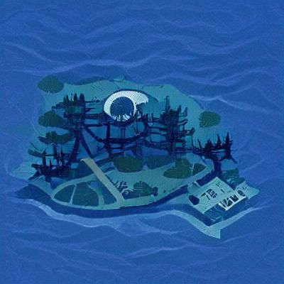 Myst island blueprint in the style of Scott Benson animator of Night in the Woods