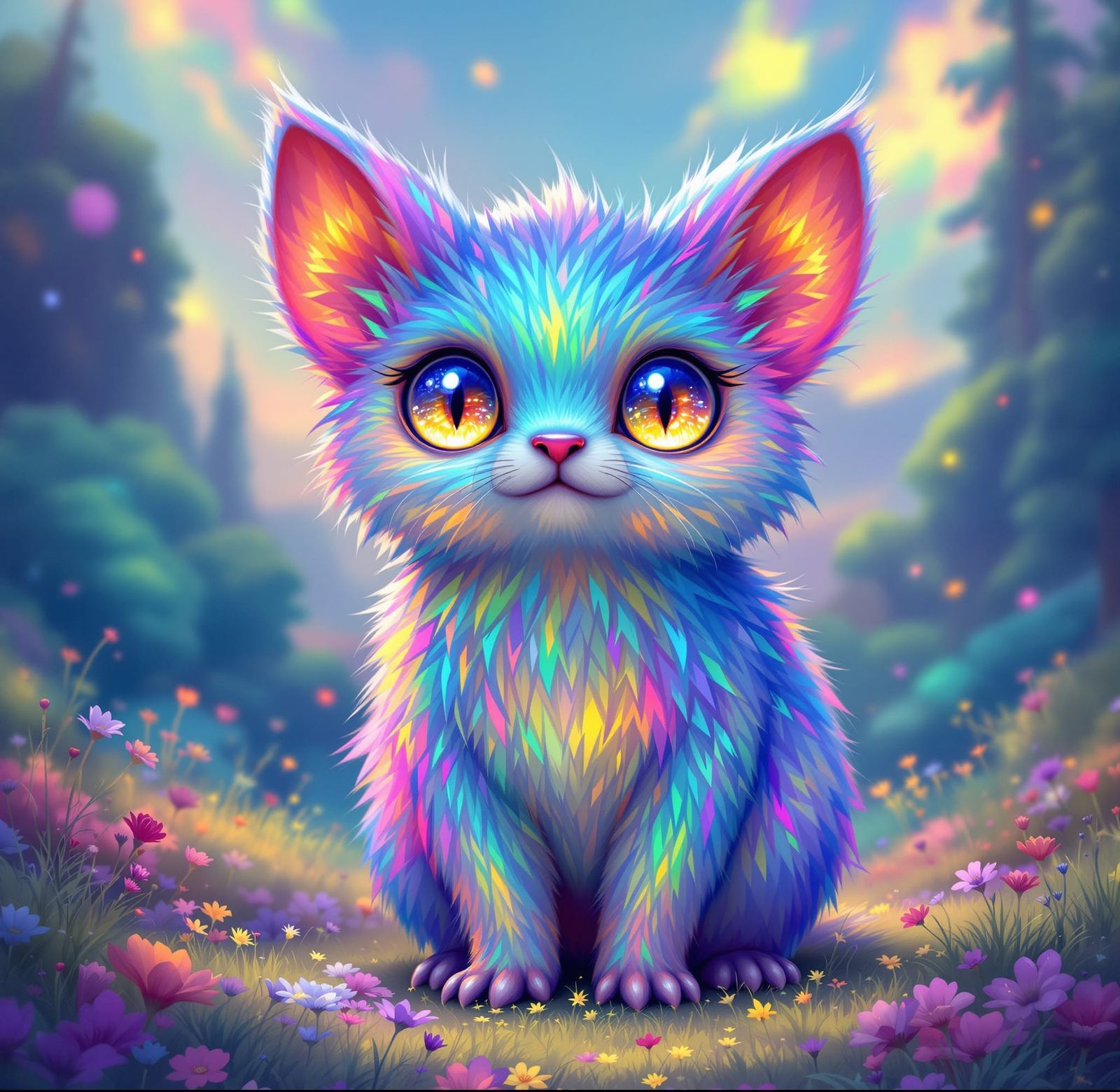 Iridescent Critter in a Dreamy Landscape, here is a whimsical creature with iridescent fur and shimmering eyes that stands out against a vib...
