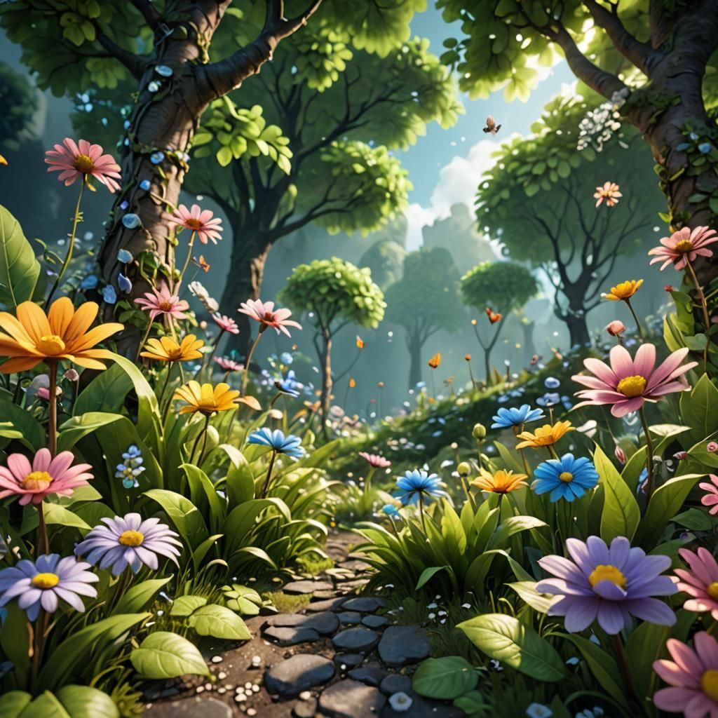 Magical Leaves and Flowers in 3D Cinematic Style