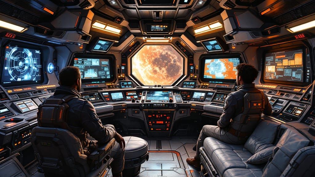 A hyper realistic cyberpunk bridge of a gritty sci-fi space freighter ship, full of sci-fi space force crew.