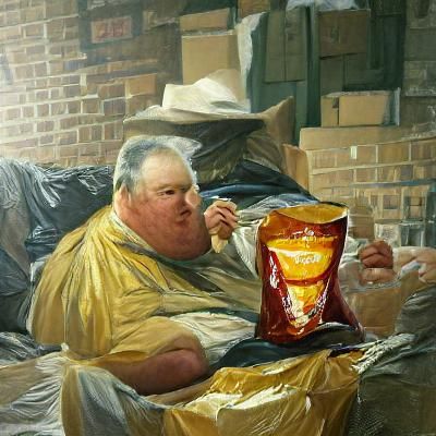 A fat man eating chips