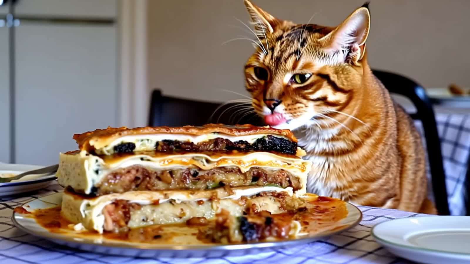 Garfield eating a lasagna