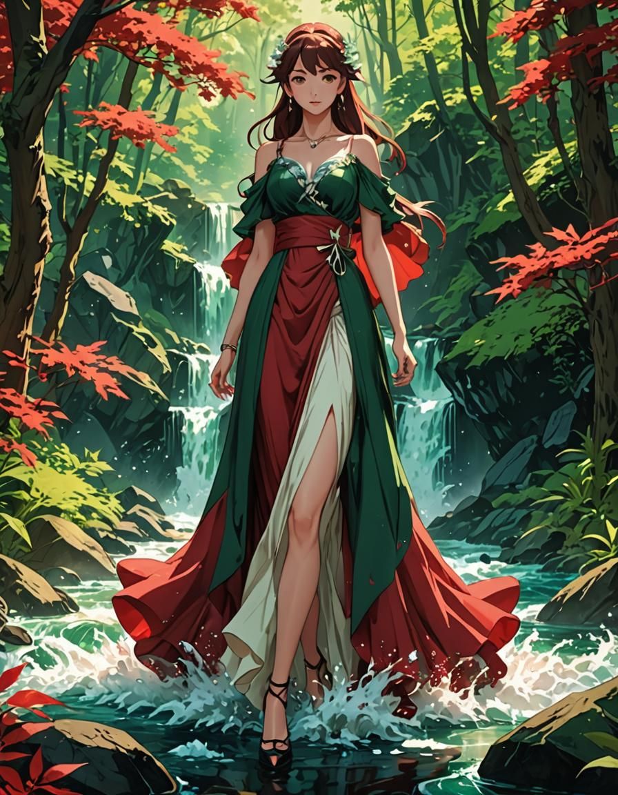 Crimson red, forest green, ivory water flowing dress with a Crystal top,  Masterpiece, Best Quality, flat, Manga Scan, Anime, cinematic light... - AI  Generated Artwork - NightCafe Creator