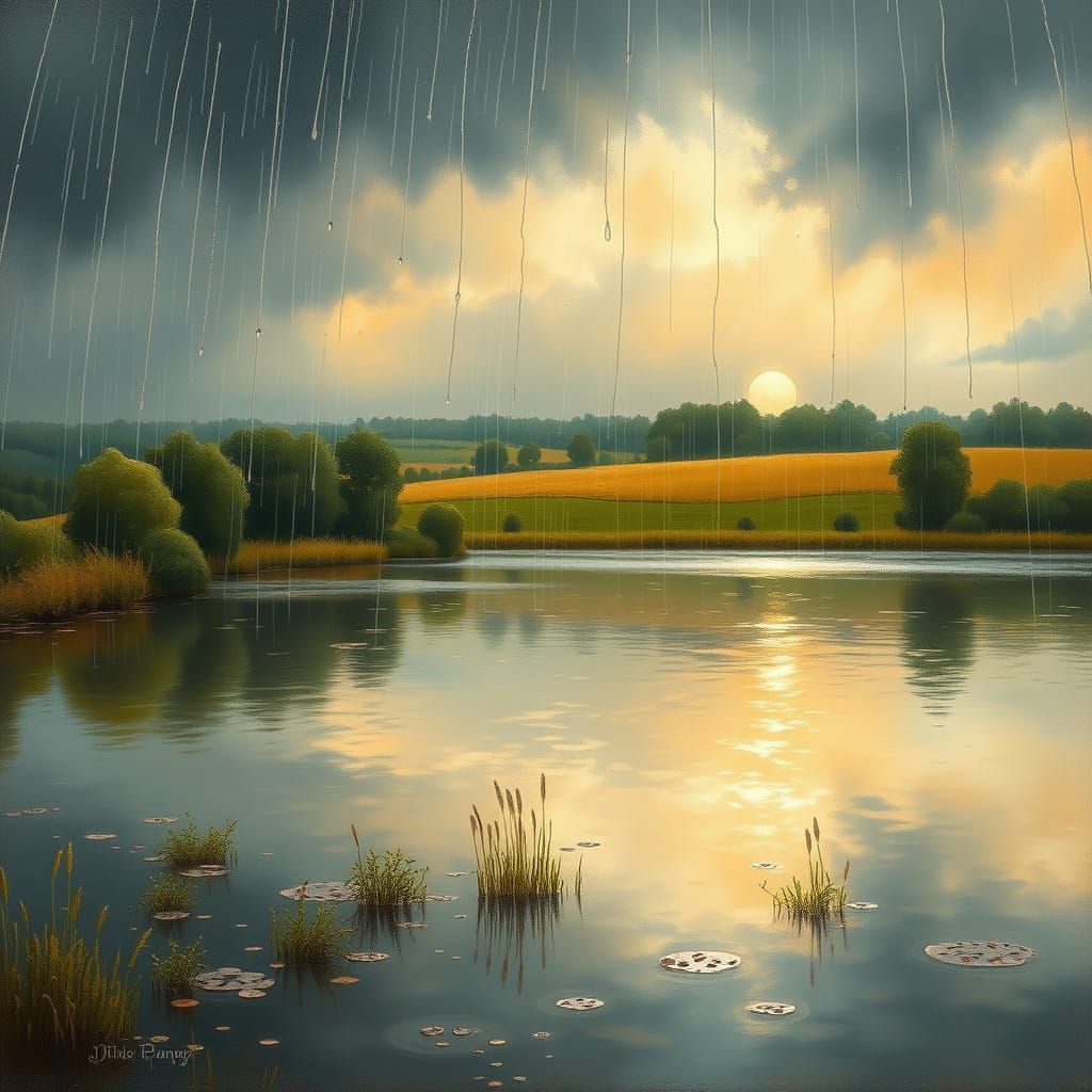 Golden Light on Tranquil Lake, Dutch Masters Style Oil Paint...