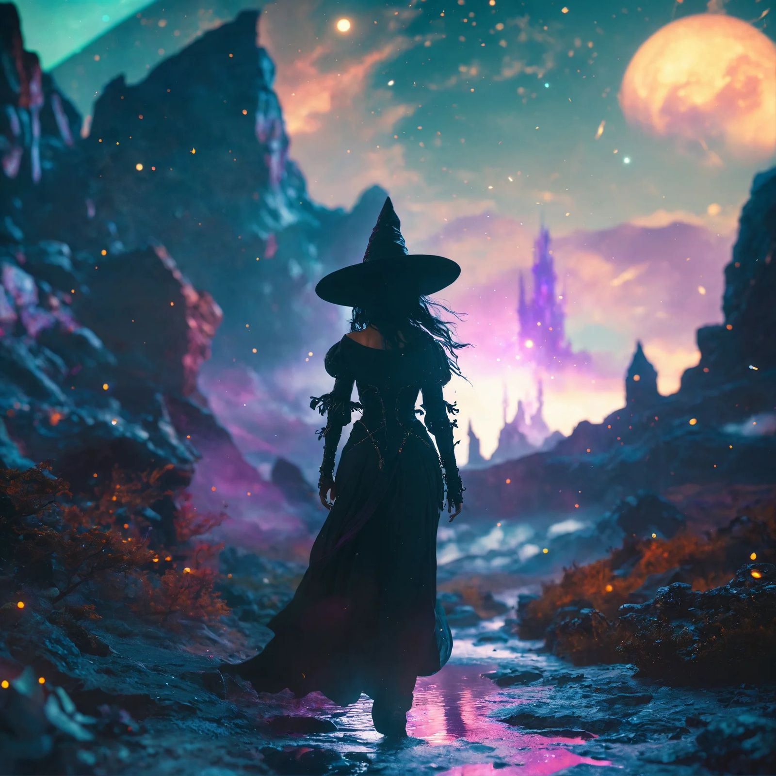a witch walking in a fantasy landscape