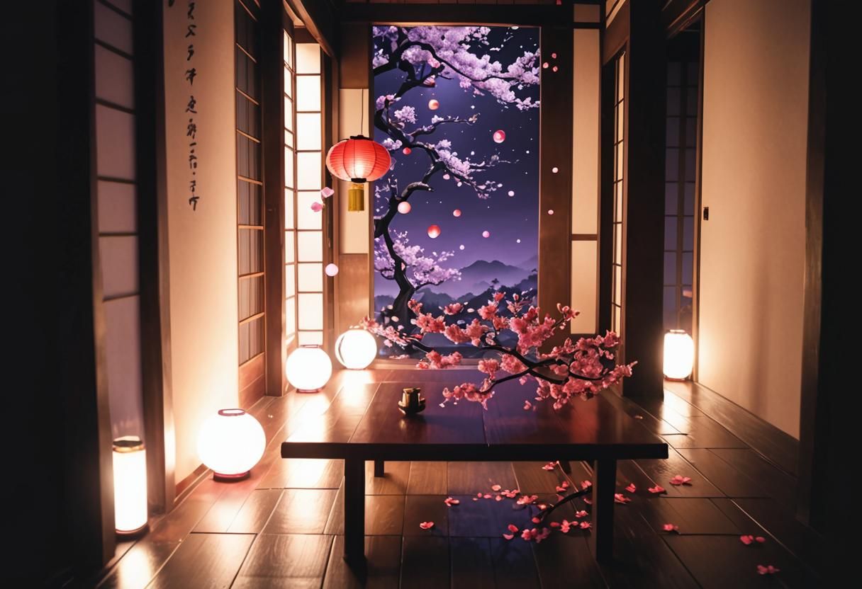 Japanese blossom tree, flying purple pedals, clear bubbles, ...