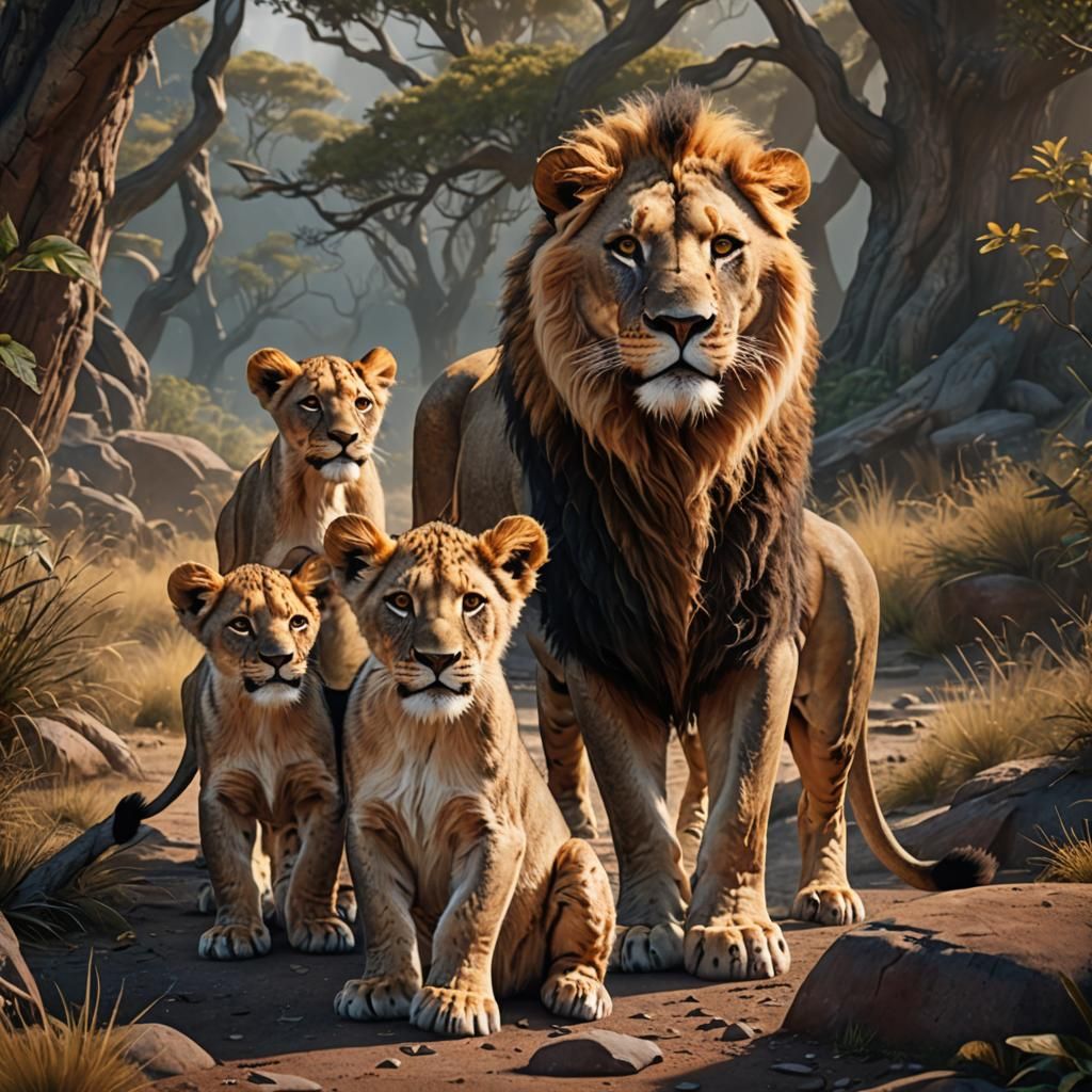 A momma lion and her cubs