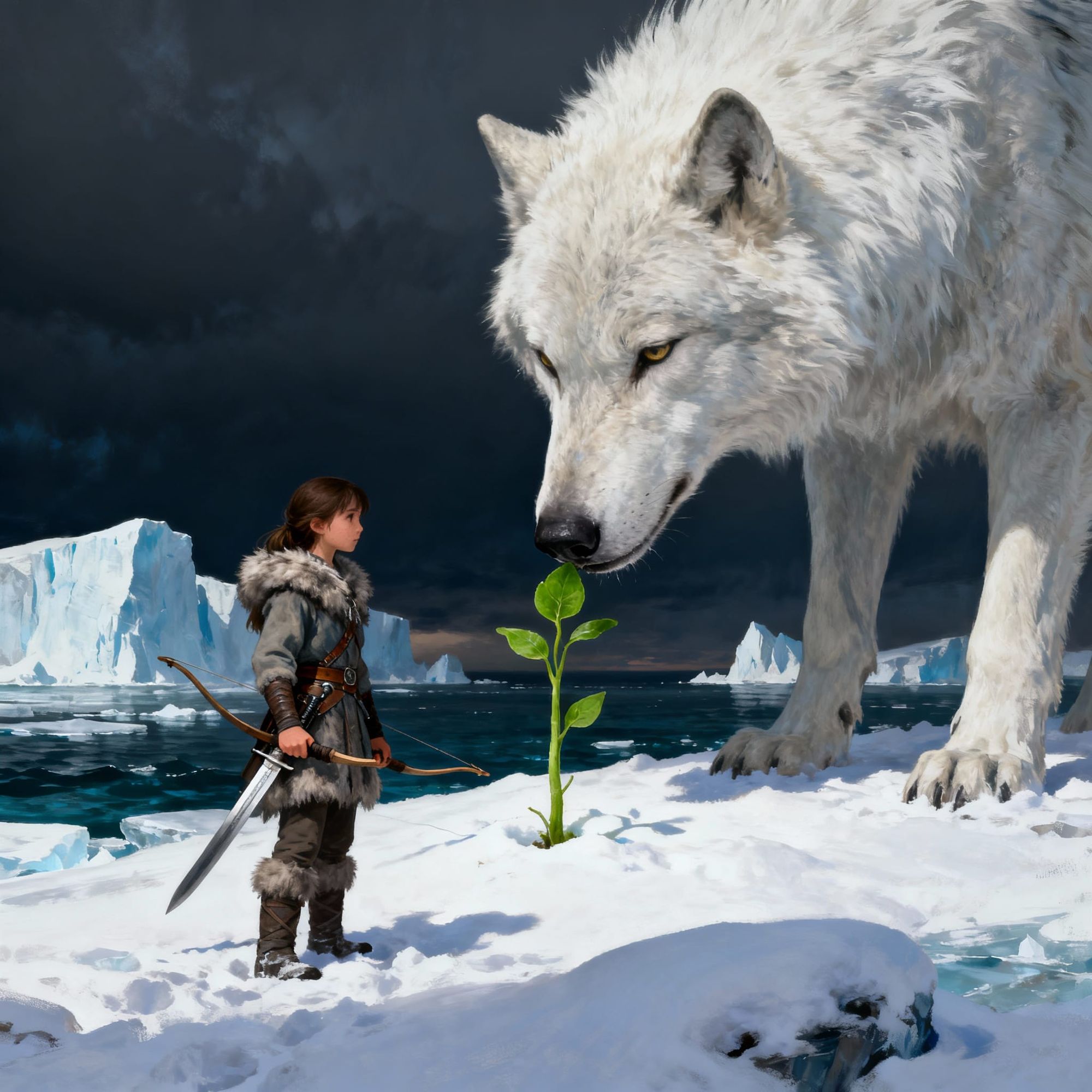 A huge, old, wise white wolf stands sniffing a timid sprout of greenery emerging from the snow. In the background stands a girl in furs, wit...