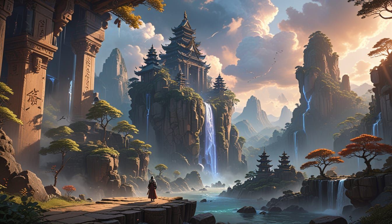 anime-style hyper-realistic fantasy painting of colossal floating islands in a luminous sky, ancient stone temples suspended in midair, glow...
