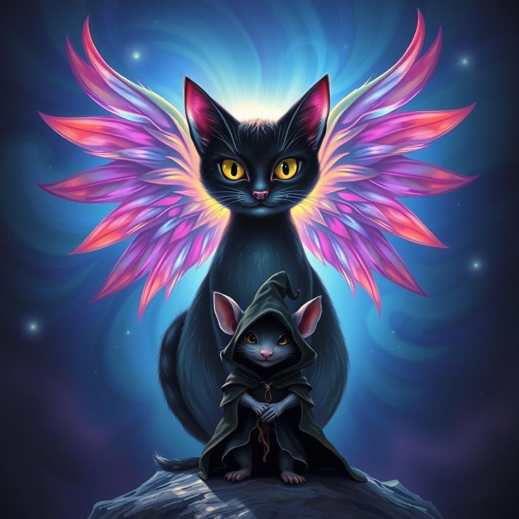 Psychedelic black cosmic zen  cat angel  on the background, ...