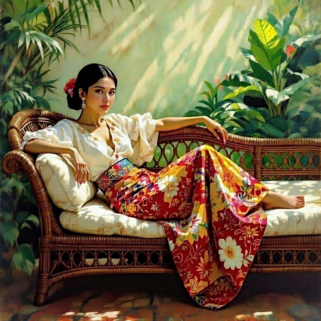 A slender Indonesian woman wearing a batik saring over a white silk blouse and a batik wrapskirt lies barefooted on an aupholstered  rattan ...